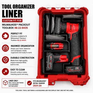 May include: A black plastic tool organizer liner designed for the Milwaukee Packout toolbox 48-22-8435. The liner features molded compartments holding a red and black detail sander, battery, and sandpaper sheets. Text includes TOOL ORGANIZER LINER.
