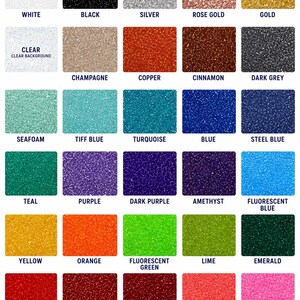 a collection of 16 different glitter vinyel samples, each with a unique color and texture. The samples include white, black, silver, rose gold, gold, clear, champagne, copper, cinnamon, dark grey, teal, purple, blue, steel blue, teal, purple, dark purple, amethyst, fluorescent blue, green, lime, emerald, red, dark red, burgundy, coral, pink, and melon. The image provides a visual representation of the various glitter vinyel colors and textures available for use in crafting and design projects.