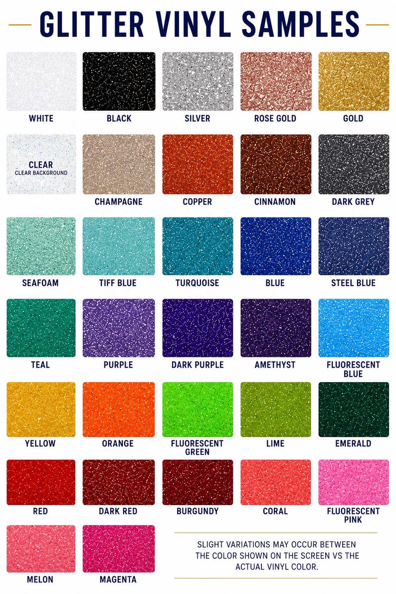 a collection of 16 different glitter vinyel samples, each with a unique color and texture. The samples include white, black, silver, rose gold, gold, clear, champagne, copper, cinnamon, dark grey, teal, purple, blue, steel blue, teal, purple, dark purple, amethyst, fluorescent blue, green, lime, emerald, red, dark red, burgundy, coral, pink, and melon. The image provides a visual representation of the various glitter vinyel colors and textures available for use in crafting and design projects.