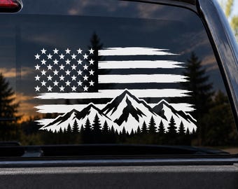 USA Mountain Flag Vinyl Decal – American Flag Mountains & Pine Trees Sticker – Patriotic Car Window Decal