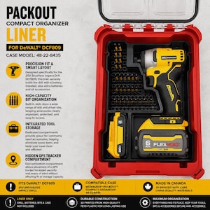 Op de afbeelding: Een zwarte kunststof inzet voor een rode Milwaukee Packout compacte organizerkoffer, model 48-22-8435. De inzet heeft voorgevormde vakken met daarin een gele en zwarte DeWalt 20V borstelloze slagschroevendraaier, een accu en diverse boortjes.