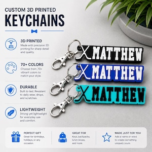 May include: Three custom 3D printed keychains featuring the name MATTHEW in block lettering. Each keychain includes a metal split ring and a lobster clasp. The top keychain is black with white text, the middle is blue with white text, and the bottom is teal with black text. Each piece displays a crossed hockey stick icon.
