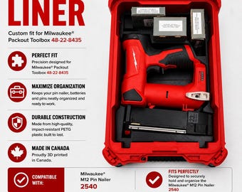 Organizer Liner for Milwaukee M12 Pin Nailer 2540 & Packout Toolbox 48-22-8435 | Tool Holder, Battery Organizer, Insert LINER ONLY