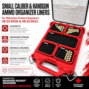 May include: Small calibre and handgun ammo organiser liners for Milwaukee Packout organisers 48-22-8436 and 48-22-8431. The red plastic case features black honeycomb-patterned inserts holding various brass-coloured cartridges labelled 22LR, 17HMR, and 9mm.