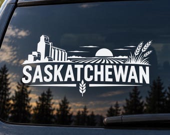 Saskatchewan Vinyl Decal – Prairie Grain Elevator & Wheat Sticker – Canadian Car Window Decal – Saskatchewan Pride Farm Decal