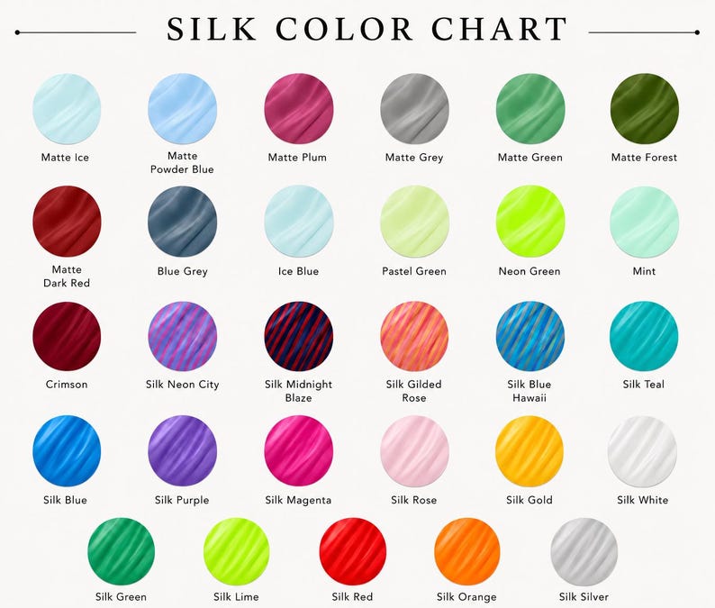 The image is a color chart that displays various shades of silk fabric, including different colors such as ice blue, plum, grey, green, forest, mint, dark red, blue grey, blue plum, pale green, neon green, mint, dark red, purple, neon city, neon blaze, rose, Hawaii, teal, lime, white, gold, and silver.
