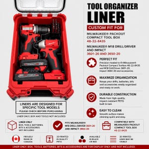 Peut inclure: Un insert de rangement noir pour outils à l'intérieur d'une boîte à outils rouge Milwaukee Packout. L'insert contient une perceuse rouge M18, une visseuse à chocs, deux batteries et des embouts. Le texte détaille la compatibilité 48-22-8435.