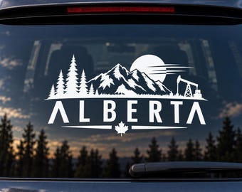 Alberta Vinyl Decal – Rocky Mountains Forest & Oilfield Sticker – Canadian Car Window Decal – Alberta Pride Outdoor Sticker