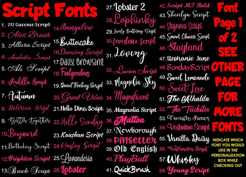 a collection of script fonts, including various styles and designs, with a list of font names and page numbers. The fonts are presented in a grid format, with each page featuring a different font. The image is not a single image but rather a collage of multiple images showcasing different font styles and designs.