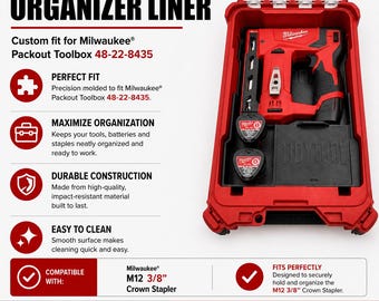 Organizer Liner für Milwaukee M12 3/8" Crown Hefter 2447 & Packout Toolbox 48-22-8435 | Werkzeug, Batterie, Klammereinsatz, NUR LINER