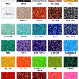 a collection of 16 different glitter vinyel samples, each with a unique color and texture. The samples include white, black, silver, rose gold, gold, clear, champagne, copper, cinnamon, dark grey, teal, purple, blue, steel blue, teal, purple, dark purple, amethyst, fluorescent blue, green, lime, emerald, red, dark red, burgundy, coral, pink, and melon. The image provides a visual representation of the various glitter vinyel colors and textures available for use in crafting and design projects.