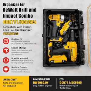 Op de afbeelding: Een zwarte kunststof gereedschapsorganizer-inlay voor DeWalt DCD771 en DCF885 boor- en slagschroevendraaier-combisets. Het inzetstuk heeft voorgevormde vakken voor twee geel-zwarte elektrische gereedschappen en twee accu's, compatibel met de DWS08820 organizer.