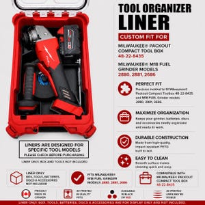 May include: A black tool organiser liner designed for a Milwaukee Packout compact tool box, shown holding a red and black M18 Fuel grinder. The image includes text detailing compatibility with models 48-22-8435, 2880, 2881, and 2686, noting the liner is 3D printed in PETG.