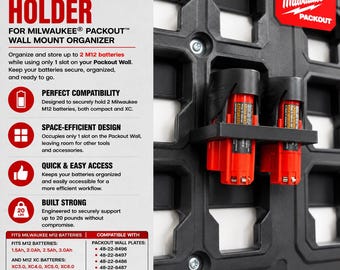 Battery Holder for Milwaukee M12 Batteries | Fits Packout Wall Plates | Holds 2 Compact & XC Batteries | HOLDER ONLY