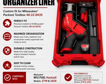 Organizer Liner for Milwaukee M12 FUEL Hackzall 2719 & 2420, Packout Toolbox 48-22-8435 | Tool, Battery, Insert, LINER ONLY