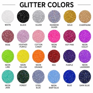 a collection of 24 glitter colors, each with a unique color name, arranged in a grid format.