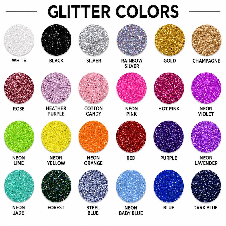 a collection of 24 glitter colors, each with a unique color name, arranged in a grid format.