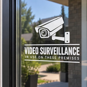 Puede incluir: Un adhesivo de vinilo blanco aplicado sobre una superficie de cristal que muestra un gráfico de una cámara de seguridad y el texto "VIDEO SURVEILLANCE IN USE ON THESE PREMISES" en letras blancas mayúsculas con líneas horizontales.