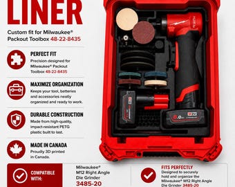 Organizer Liner for Milwaukee M12 Right Angle Die Grinder 3485-20, Packout Toolbox 48-22-8435 | Tool, Battery, Insert, LINER ONLY