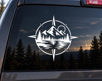 Mountain Compass Vinyl Decal – Outdoor Adventure Mountain Lake & Pine Forest Sticker for Car, Truck, SUV or Window