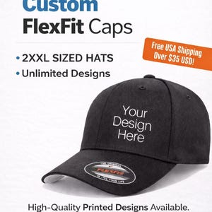 Casquette 2XXL FlexFit personnalisée - Très grandes casquettes - Casquettes personnalisées avec logo d'entreprise - Casquettes Flex Fit - Casquettes de baseball personnalisées ** Pas de broderie **