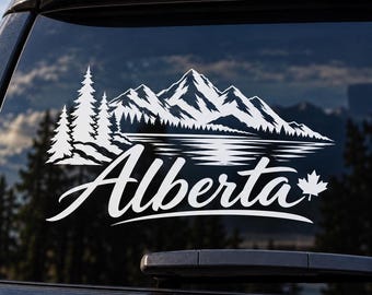 Alberta Vinyl Decal – Rocky Mountain Forest & Lake Sticker – Canada Car Window Decal – Canadian Outdoor Adventure Sticker