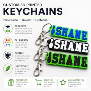 May include: Three custom 3D printed keychains with metal lobster claw clasps. Each rectangular keychain features the name SHANE in block letters and a small bowling pin icon. The keychains are lime green with blue text, black with white text, and lime green with black text.