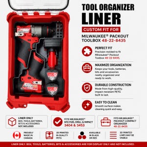 May include: A black custom-fit tool organizer liner for a Milwaukee Packout toolbox 48-22-8435, shown inside a red case with a red drill, impact driver, and two batteries. The text reads Tool Organizer Liner, Custom Fit for Milwaukee Packout Toolbox 48-22-8435.