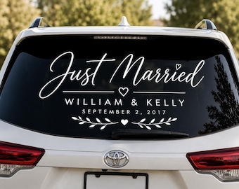 Personalized Just Married Car Window Decal | Custom Wedding Vehicle Sticker with Names & Date | Newlywed Getaway Car Vinyl Decal