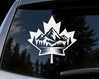 Canadian Maple Leaf Vinyl Decal – Mountain & Forest Canada Sticker – Outdoor Adventure Car Window Decal – Canadian Pride Sticker