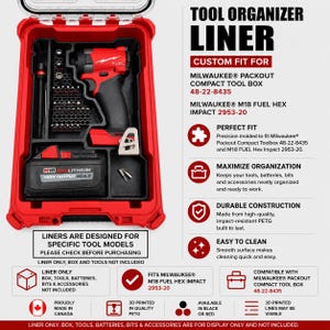 Peut inclure: Un insert de rangement pour outils rouge conçu pour la boîte à outils Milwaukee Packout Compact 48-22-8435 et l'impacteur M18 Fuel Hex 2953-20. L'insert présente des compartiments moulés contenant une visseuse à chocs, batterie et embouts.