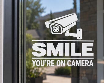 Smile You’re on Camera Vinyl Decal – Security Camera Warning Window Sticker – CCTV Surveillance Door Decal – Home Business Sign