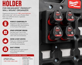 Battery Holder for Milwaukee M12 Batteries | Packout Wall Organizer | Holds 4 Batteries | Fits Packout Wall Plates | HOLDER ONLY