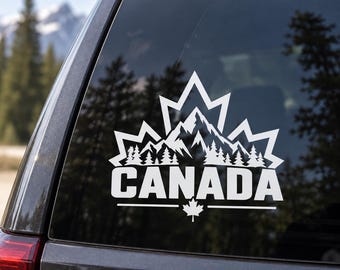 Canada Vinyl Decal – Canadian Maple Leaf Mountain & Forest Sticker – Canada Pride Car Window Decal – Outdoor Adventure Sticker