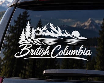British Columbia Vinyl Decal – Mountain Forest & Lake Car Window Sticker – BC Canada Outdoor Adventure Decal – Canadian Pride Gift