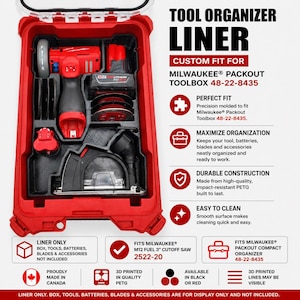 May include: A black tool organizer liner designed for the Milwaukee Packout toolbox 48-22-8435. The liner features custom-molded compartments holding a red M12 Fuel 3-inch cutoff saw, battery, and blades. Text includes Tool Organizer Liner.