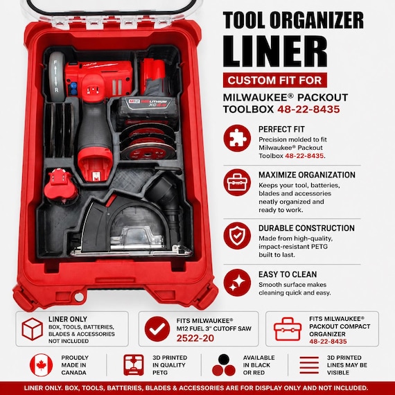 Organizer Liner for Milwaukee M12 FUEL 3" Cutoff Saw 2522-20 & Packout Toolbox 48-22-8435 | Tool, Battery, Blade Storage Insert, LINER ONLY