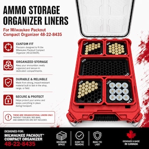 May include: Ammo storage organizer liners for Milwaukee Packout Compact Organizer 48-22-8435. The red plastic insert features multiple black hexagonal-patterned compartments containing various ammunition cartridges. Text includes "Ammo Storage Organizer Liners" and "Designed for Milwaukee Packout Compact Organizer 48-22-8435".