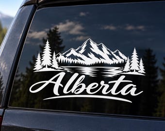 Alberta Mountain Vinyl Decal – Canadian Rockies & Pine Trees Car Window Sticker, Alberta Canada Outdoor Adventure Decal