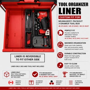 Puede incluir: Un organizador de herramientas negro de plástico diseñado para una caja de herramientas de 3 cajones Milwaukee Packout. El revestimiento cuenta con compartimentos moldeados a medida que contienen un atornillador de impacto rojo, batería y brocas.