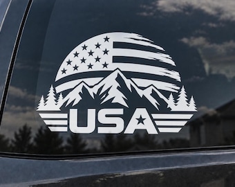 USA Mountain Flag Vinyl Decal – Patriotic American Outdoor Car Window Sticker – USA Pride Decal