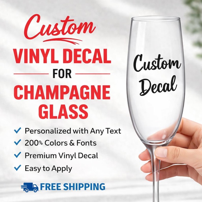 Champagne Glass Vinyl Decal | Custom Vinyl Decal for Champagne Glass | Wedding Decals | Party Decals | Champagne Glass Sticker Custom Decal image 1