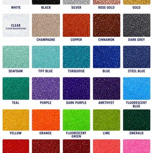 a collection of 16 different glitter vinyel samples, each with a unique color and texture. The samples include white, black, silver, rose gold, gold, clear, champagne, copper, cinnamon, dark grey, teal, purple, blue, steel blue, teal, purple, dark purple, amethyst, fluorescent blue, green, lime, emerald, red, dark red, burgundy, coral, pink, and melon. The image provides a visual representation of the various glitter vinyel colors and textures available for use in crafting and design projects.