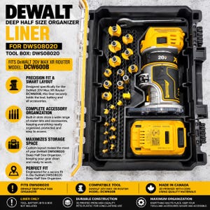 May include: A black plastic organiser liner for a DeWalt DWS08020 tool box, designed for a 20V Max XR router model DCW600B. The insert features custom moulded slots holding a yellow and black router, a battery, and numerous small yellow router bits.