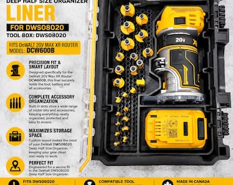 Organizer Liner for DeWalt 20V Max XR Router DCW600B, Fits DeWalt Deep Half Size Organizer DWS08020 Router, Battery & Bit Storage LINER ONLY