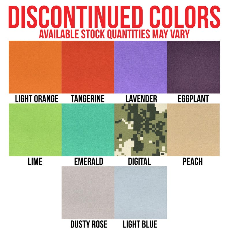 a collection of nine different colors, including orange, tangerine, lavender, eggplant, lime, emerald, digital, peach, and dusky rose, as well as light blue and light blue. The colors are available in various stock quantities, and the text indicates that the available stock quantities may vary.