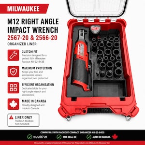 Può includere: Un inserto organizzatore rosso e nero su misura per avvitatore ad impulsi ad angolo retto Milwaukee M12, modelli 2567-20 e 2566-20. L'inserto presenta scomparti dedicati per l'utensile e vari inserti neri, alloggiati in una valigetta rossa.