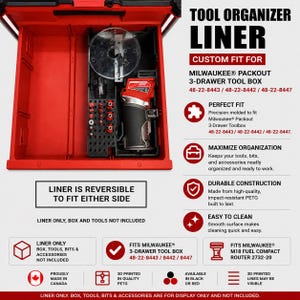 May include: A black tool organiser liner designed for the Milwaukee Packout 3-Drawer Tool Box models 48-22-8443, 48-22-8442, and 48-22-8447. The liner features custom-moulded compartments holding a compact router and various drill bits.