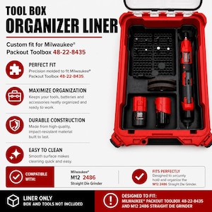 Può includere: Un inserto organizzatore nero per cassetta degli attrezzi progettato per la Milwaukee Packout Toolbox 48-22-8435. L'inserto presenta scomparti sagomati contenenti una smerigliatrice dritta rossa M12, due batterie e accessori circolari, con testo informativo.