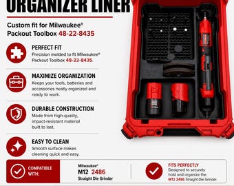 Organizer Liner for Milwaukee M12 FUEL 1/4" Straight Die Grinder 2486 & Packout Toolbox 48-22-8435 | Tool, Battery, Insert, LINER ONLY
